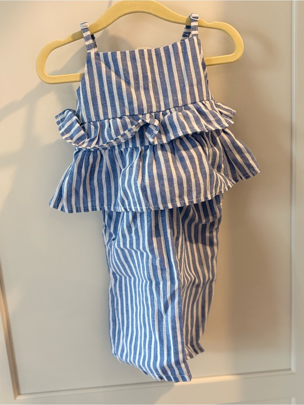 Blue and White Striped Ruffle 2 piece top/ pants with matching headband.